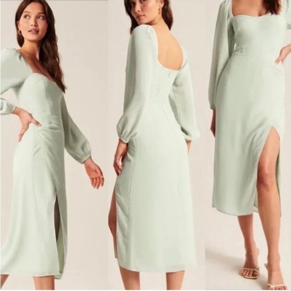 Abercrombie & Fitch Light Pastel Green Romantic Midi Dress with Sheer Sleeves